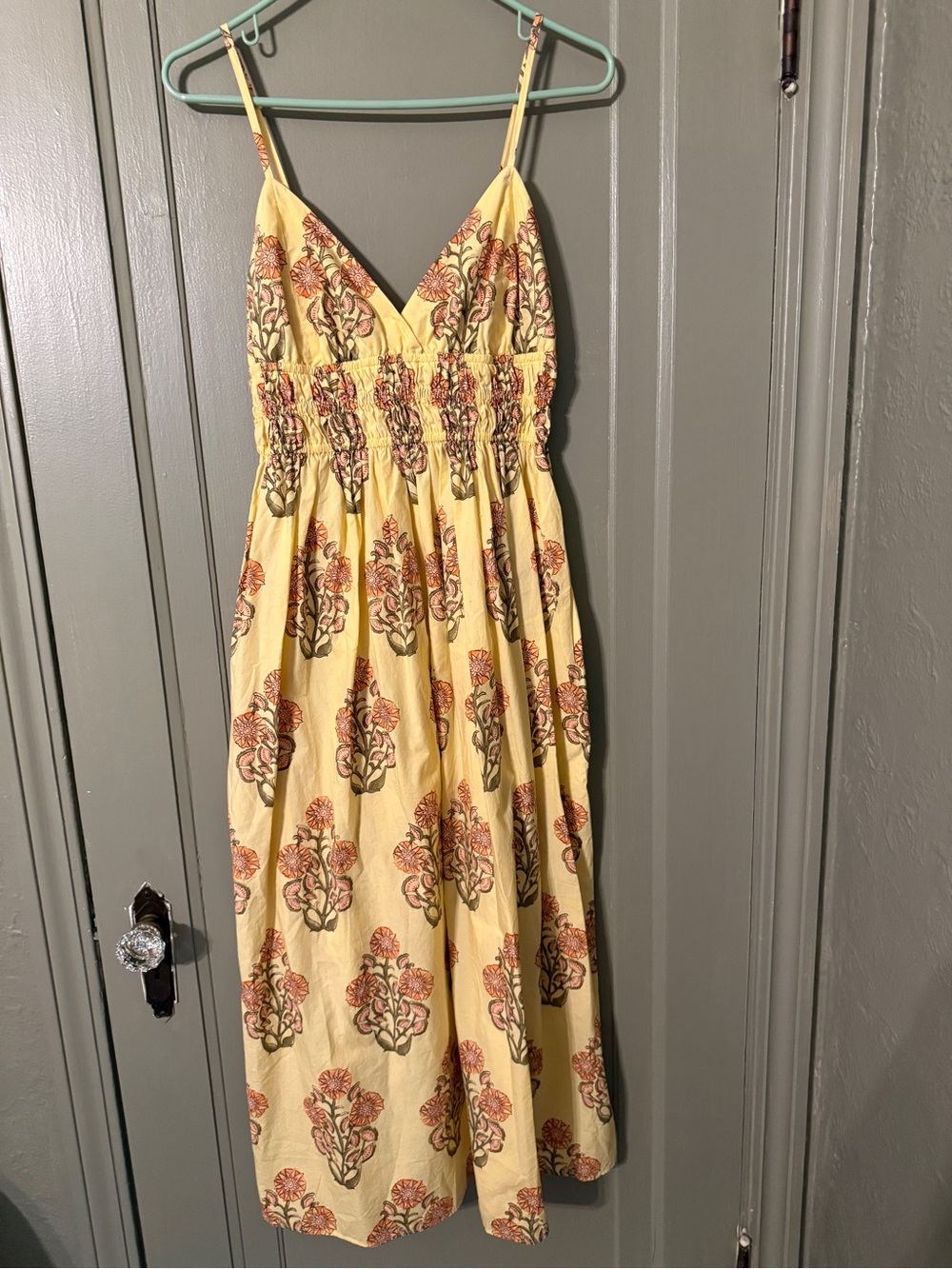 J. Crew Yellow Floral Smocked Midi Dress with V-Neck and Spaghetti Straps